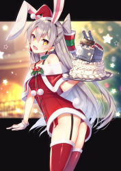 Rule 34 | 1girl, :d, amatsukaze (kancolle), animal ears, ass, bare shoulders, blurry, blurry background, cake, choker, christmas, commentary request, depth of field, dress, fake animal ears, food, garter straps, gloves, green choker, hair between eyes, hair tubes, hand up, hat, head tilt, highres, holding, kantai collection, long hair, looking at viewer, looking back, off-shoulder dress, off shoulder, open mouth, panties, pom pom (clothes), rabbit ears, red dress, red hat, red panties, red thighhighs, rensouhou-kun, santa costume, santa hat, sidelocks, silver hair, smile, star (symbol), tahya, thighhighs, tray, turret, two side up, underwear, very long hair, white gloves, yellow eyes