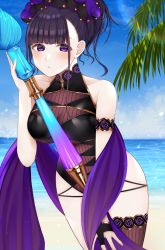 Rule 34 | 1girl, armlet, bare shoulders, beach, black one-piece swimsuit, blue sky, blush, breasts, closed mouth, day, fate/grand order, fate (series), flower, hair flower, hair ornament, hair up, highleg, highleg swimsuit, highres, large breasts, long hair, looking at viewer, murasaki shikibu (fate), murasaki shikibu (swimsuit rider) (fate), nerua, one-piece swimsuit, oversized object, palm tree, pen, purple eyes, purple hair, shawl, shore, single thighhigh, sky, swimsuit, thighhighs, thighs, tree