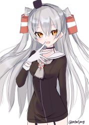 Rule 34 | 1girl, amatsukaze (kancolle), black dress, blush, breasts, dress, fang, garter straps, gloves, grey neckwear, hair between eyes, hair tubes, kantai collection, long hair, long sleeves, one-hour drawing challenge, orange eyes, sailor collar, sailor dress, silver hair, simple background, skin fang, small breasts, solo, twitter username, two side up, white background, white gloves, white sailor collar, yoshino (mfmfpng)