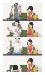 Rule 34 | 1boy, 1girl, animal ears, brown eyes, brown hair, cat, commentary, couch, douki-chan (douki-chan), douki-kun (douki-chan), dress, ganbare douki-chan, hands on own cheeks, hands on own face, highres, looking at another, on couch, red dress, shirt, short hair, white shirt, yomu (sgt epper)