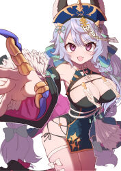 1girl animal_ears bow bow_legwear braid breasts china_dress chinese_clothes cleavage dress fang granblue_fantasy hair_bow halloween_costume highres jiangshi jiangshi_costume large_breasts long_hair low_twin_braids nachisuke official_alternate_costume ofuda ofuda_on_head open_mouth pink_thighhighs purple_eyes purple_hair satyr_(granblue_fantasy) satyr_(halloween)_(granblue_fantasy) simple_background smile solo thighhighs twin_braids very_long_hair white_background