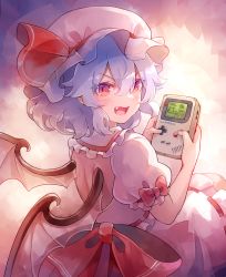 Rule 34 | 1girl, 60mai, backless dress, backless outfit, bow, card, creatures (company), dress, fang, frills, from behind, game boy, game boy (original), game freak, gen 1 pokemon, handheld game console, hat, hat bow, looking at viewer, nintendo, open mouth, pikachu, playing card, pokemon, pokemon (creature), pokemon rgby, purple hair, red eyes, remilia scarlet, sitting, solo, staryu, touhou, wings