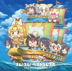 Rule 34 | 10s, 6+girls, :d, :o, ;d, ^ ^, album cover, animal ears, arm up, black eyes, black hair, black neckwear, black skirt, blonde hair, blue sky, blush, boat, bow, bowtie, brown eyes, chibi, closed eyes, cloud, common raccoon (kemono friends), copyright name, cover, day, elbow gloves, emperor penguin (kemono friends), extra ears, closed eyes, fang, fennec (kemono friends), fish, flying fish, food, fox ears, gentoo penguin (kemono friends), gloves, grey hair, hair over one eye, headphones, highres, holding, holding food, holding paper, humboldt penguin (kemono friends), japari bun, japari symbol, kemono friends, kemono friends pavilion, long hair, lucky beast type 3, mast, miniskirt, multicolored hair, multiple girls, ocean, official art, one eye closed, open mouth, orange hair, outdoors, paper, penguins performance project (kemono friends), pink eyes, pink hair, print gloves, print legwear, print neckwear, print skirt, raccoon ears, red hair, rockhopper penguin (kemono friends), royal penguin (kemono friends), sail, sailboat, serval (kemono friends), serval print, skirt, sky, smile, standing, streaked hair, telescope, thighhighs, title, watercraft, white hair, white legwear, white skirt, yellow eyes