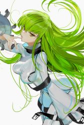 Rule 34 | 1girl, absurdres, ass, c.c., code geass, green hair, hair between eyes, highres, long hair, parted lips, shycocoa, simple background, sleeves past wrists, smile, solo, tight clothes, white background, yellow eyes