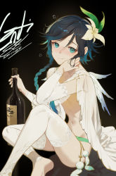 Rule 34 | 1boy, androgynous, black background, black hair, blue hair, blush, bottle, braid, closed mouth, commentary, commentary request, detached sleeves, english commentary, feathers, flower, genshin impact, gradient hair, green eyes, hair flower, hair ornament, highres, holding, holding bottle, leaf, looking at viewer, mixed-language commentary, multicolored hair, navel, salmon88, short hair with long locks, sidelocks, simple background, sitting, smile, solo, thighhighs, twin braids, venti (genshin impact), white flower