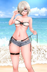 Rule 34 | 1girl, absurdres, bare arms, bare shoulders, beach, bikini, black-framed eyewear, black bikini, blue sky, breasts, brown eyes, cleavage, cloud, collarbone, commentary request, copyright request, curvy, day, denim, denim shorts, eyebrows hidden by hair, feet out of frame, gibun (sozoshu), glasses, grey hair, hair over one eye, hand up, highres, holding, holding clothes, holding swimsuit, large breasts, light particles, looking at viewer, micro shorts, midriff, navel, ocean, one eye covered, outdoors, semi-rimless eyewear, short hair, shorts, side-tie bikini bottom, skindentation, sky, solo, standing, stomach, swimsuit, thigh strap, thighs, tsurime, waves
