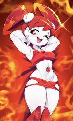 Rule 34 | 1girl, absurdres, alternate color, arms behind head, breasts, colored skin, feet out of frame, highres, jenny wakeman, jitome, linea alba, looking at viewer, medium breasts, midriff, my life as a teenage robot, one eye closed, open mouth, orange background, orange hair, red eyes, red hair, robot, slugbox, smile, solo, taut clothes, thick thighs, thighs, twintails, white skin