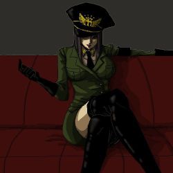 Rule 34 | 1girl, alternate costume, black gloves, black hair, black thighhighs, couch, crossed legs, female focus, gloves, hat, hat over eyes, impel down, lowres, necktie, nico robin, one piece, prison guard, red upholstery, sitting, solo, thighhighs, uniform