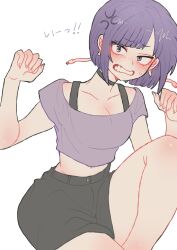Rule 34 | 1girl, angry, bare legs, belly, black choker, black shorts, blush, boku no hero academia, bra strap, breasts, chizodazou, choker, claw pose, cleavage, collarbone, embarrassed, high-waist shorts, highres, jirou kyouka, knee up, knees, looking at viewer, medium breasts, midriff peek, open mouth, purple eyes, purple hair, purple shirt, shirt, short hair, shorts, simple background, solo, sweatdrop, teeth, white background