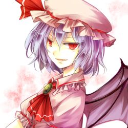 Rule 34 | 1girl, ascot, bat wings, commentary request, hat, hat ribbon, kutsuki kai, mob cap, pink hat, purple hair, red ascot, red eyes, red ribbon, remilia scarlet, ribbon, short hair, short sleeves, smile, solo, touhou, upper body, white background, wings