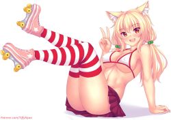 Rule 34 | 1girl, animal ear fluff, animal ears, arm support, bikini, bikini top only, blonde hair, blush, breasts, cat ears, fang, hair between eyes, hair bobbles, hair ornament, highres, large breasts, long hair, looking at viewer, navel, nottytiffy, open mouth, original, patreon username, pleated skirt, red eyes, red skirt, roller skates, sitting, skates, skirt, slit pupils, solo, striped clothes, striped thighhighs, swimsuit, thighhighs, tiffy (nottytiffy), v, watermark, web address, white background, white bikini