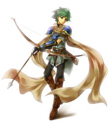 Rule 34 | 1boy, arano hachi, armor, boots, bow (weapon), fire emblem, fire emblem: mystery of the emblem, full body, gauntlets, gloves, green eyes, green hair, male focus, matching hair/eyes, nintendo, scarf, simple background, solo, tomas (fire emblem), weapon, white background