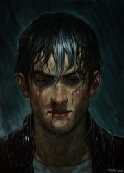 Rule 34 | 10s, 1boy, 2013, batman (series), black hair, blood, blood on face, blue eyes, bruise, bruised eye, dc comics, injury, jacket, jason todd, leather, leather jacket, male focus, multicolored hair, nick robles, nosebleed, portrait, rain, realistic, red hood (dc), solo, two-tone hair, wet