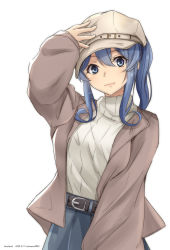 1girl alternate_costume beige_headwear belt beret blue_eyes blue_hair blue_skirt brown_jacket character_name commentary_request cowboy_shot dated gotland_(kancolle) hat highres holding holding_unworn_clothes holding_hat holding_unworn_clothes jacket kantai_collection long_hair looking_at_viewer mole mole_under_eye ponytail ribbed_sweater simple_background skirt smile solo sweater timato twitter_username white_background white_hat