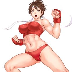 Rule 34 | 1girl, abs, bare shoulders, breasts, brown hair, buruma, cameltoe, cleft of venus, clenched hands, covered erect nipples, headband, kasugano sakura, large breasts, legs apart, navel, open mouth, red buruma, round teeth, shu-mai, simple background, solo, standing, strapless, street fighter, teeth, toned, tube top, white background