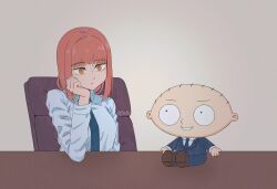 Rule 34 | 1boy, 1girl, blue necktie, blue pants, blue suit, business suit, chainsaw man, chair, collared shirt, desk, family guy, formal, hand on own chin, highres, indoors, jacket, makima (chainsaw man), necktie, on desk, orange eyes, pants, red hair, ringed eyes, rkgkrabu, shirt, sitting, on desk, stewie griffin, suit, suit jacket, white shirt