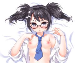 Rule 34 | 1girl, :&lt;, bare shoulders, black eyes, black hair, blush, breasts, glasses, lying, necktie, nipples, open clothes, open shirt, pop&#039;n music, root@chou dou-ken, shirt, shouni (sato3), sleeves rolled up, small breasts, solo, twintails