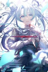 Rule 34 | 1girl, absurdres, blood, blood on hands, blood on neck, blue dress, blue hair, blurry, blurry foreground, commentary request, cowboy shot, dagger, dress, gehenna (vocaloid), glitch, hair between eyes, hair ribbon, hands up, hatsune miku, highres, holding, holding knife, holding weapon, knife, long hair, long sleeves, looking at viewer, parted lips, ribbon, sidelocks, solo, standing, tears, twinte, vocaloid, weapon, yuzuha wasa