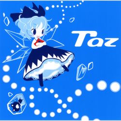 Rule 34 | 1girl, album cover, blue background, blue bow, blue eyes, blue hair, blush, bow, cirno, cover, frog, hair bow, ice, ice cube, looking away, open mouth, shinonoko, short hair, simple background, smile, solo, touhou