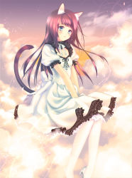 Rule 34 | 1girl, animal ears, blue eyes, brown hair, cat ears, cat tail, cloud, collarbone, dress, full body, high heels, original, outdoors, pantyhose, puffy short sleeves, puffy sleeves, shoes, short sleeves, sitting, sitting on object, sky, solo, surreal, tail, touto seiro, white pantyhose