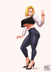 Rule 34 | 1girl, 2020, absurdres, alternate breast size, android 18, artist name, black footwear, blonde hair, blue eyes, breasts, commentary, covered erect nipples, crop top, crop top overhang, dragon ball, dragonball z, earrings, english commentary, fingernails, forehead, from side, full body, grey pants, hair between eyes, high heels, highres, huge breasts, jewelry, light smile, looking at viewer, mature female, midriff, no bra, pants, porcoro, short hair, solo, standing, stiletto heels, striped sleeves, thick thighs, thighs, tight clothes, tight pants, twisted torso, v, white background, yoga pants