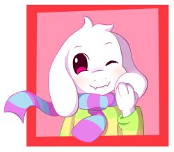 Rule 34 | ;), animal ears, asriel dreemurr, border, fairyjonke, fangs, furry, long sleeves, one eye closed, pink eyes, red border, red eyes, scarf, shirt, simple background, smile, spoilers, striped clothes, striped scarf, striped shirt, undertale