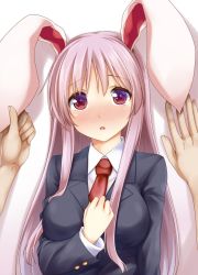 Rule 34 | 1girl, against wall, animal ears, blazer, blush, breasts, collared shirt, grabbing another&#039;s ear, hand on another&#039;s ear, hand on own chest, hisae (hisae collect), jacket, kabedon, long hair, looking at viewer, necktie, open mouth, pink hair, rabbit ears, red eyes, reisen udongein inaba, shirt, simple background, solo focus, touhou, upper body, white background