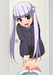 Rule 34 | 1girl, arm behind back, black jacket, black skirt, blush, door, embarrassed, female focus, flower, hair flower, hair ornament, have to pee, indoors, jacket, knees together feet apart, long hair, long sleeves, minamimachi naname, new game!, open mouth, peeing, peeing self, pink flower, pink neckwear, pink ribbon, purple hair, ribbon, shirt, skirt, solo, standing, suzukaze aoba, tears, teeth, toilet, twintails, wet, wet clothes, white shirt, yellow eyes