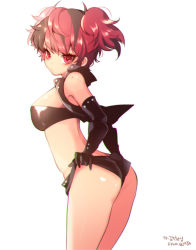 Rule 34 | 1girl, ass, bad id, bad pixiv id, black gloves, elbow gloves, gloves, korean text, looking at viewer, mole, mole on shoulder, original, red eyes, red hair, short hair, shorts, simple background, solo, star-shaped pupils, star (symbol), sukja, symbol-shaped pupils, twintails