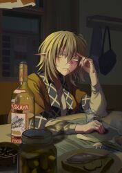 Rule 34 | 1girl, alcohol, ashtray, blonde hair, bread, bread slice, brown jacket, cigarette, cup, drinking glass, fish, food, green eyes, highres, jacket, jar, kto znaet, looking at viewer, mizuhashi parsee, pickle, sad, shirt, shot glass, solo, touhou, vodka, white shirt