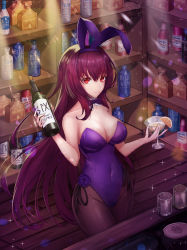 Rule 34 | 1girl, absurdres, alcohol, animal ears, bad id, bad pixiv id, bare shoulders, bottle, breasts, covered navel, cup, detached collar, drinking glass, fake animal ears, fate/grand order, fate (series), hair intakes, highres, holding, holding bottle, holding cup, large breasts, leotard, long hair, official alternate costume, pantyhose, playboy bunny, purple hair, purple leotard, rabbit ears, red eyes, scathach (fate), scathach (piercing bunny) (fate), solo, standing, strapless, strapless leotard, twit eg0