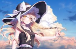 Rule 34 | 1girl, arm up, bare shoulders, black hat, black skirt, black vest, blonde hair, blue sky, bow, breasts, closed mouth, cloud, cloudy sky, frills, hair between eyes, hand up, hat, hat bow, highres, jewelry, kirisame marisa, long hair, looking at viewer, medium breasts, necklace, shirt, skirt, sky, sleeveless, solo, star (symbol), teeth, torinari (dtvisu), touhou, vest, white bow, white shirt, yellow eyes