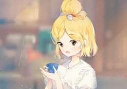 Rule 34 | 1girl, absurdres, animal crossing, animal ears, bell, blonde hair, brown eyes, coffee mug, commentary request, cup, dog ears, dog girl, eru daydream, furry, furry female, hair bell, hair ornament, highres, humanization, isabelle (animal crossing), long hair, mug, nintendo, no nose, parted lips, personification, shirt, upper body, white shirt