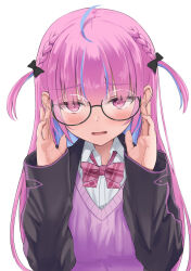 Rule 34 | 1girl, adjusting eyewear, ahoge, black-framed eyewear, black bow, black jacket, blazer, blue hair, blunt bangs, blush, bow, bowtie, braid, cardigan, collared shirt, glasses, hair bow, highres, hololive, jacket, long hair, long sleeves, looking at viewer, minato aqua, minato aqua (school uniform), multicolored hair, open clothes, open jacket, open mouth, pink bow, pink bowtie, plaid, plaid bow, plaid bowtie, ponono desu, purple cardigan, purple eyes, purple hair, school uniform, semi-rimless eyewear, shirt, simple background, smile, solo, streaked hair, two side up, upper body, virtual youtuber, white background, white shirt