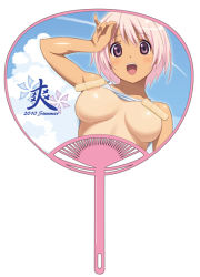 Rule 34 | 1girl, :d, bandaid, breasts, censored, cloud, convenient censoring, day, female focus, hand fan, koutaro, medium breasts, nipples, open mouth, original, paper fan, pink eyes, pink hair, short hair, sky, smile, solo, tan, uchiwa, uchiwa (medium), underboob, white background