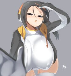 Rule 34 | 1girl, against fourth wall, black eyes, black hair, black jacket, blush, breasts, commentary request, covered erect nipples, cowboy shot, emperor penguin (kemono friends), grey background, hand in own hair, headphones, heart, heart-shaped pupils, highres, huge breasts, jacket, kemono friends, leaning forward, lets0020, long bangs, long hair, looking at viewer, multicolored hair, numbered, one-piece swimsuit, open clothes, open jacket, open mouth, orange hair, simple background, solo, streaked hair, swimsuit, symbol-shaped pupils, thighhighs, white one-piece swimsuit, white thighhighs