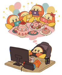 Rule 34 | balloon, beer can, bow, cake, can, chair, chips (food), closed eyes, commentary request, controller, cupcake, doughnut, drink can, energy drink, food, game console, game controller, handheld game console, headphones, highres, holding, imagining, kirby (series), monitor, monster energy, nintendo, nintendo switch, nishi yukari, no humans, potato chips, simple background, sitting, stool, table, thought bubble, waddle dee