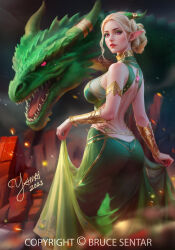 Rule 34 | 1girl, armlet, artist name, ass, back, bare back, blonde hair, breasts, crop top, dated, dragon, earrings, from behind, gem, hair bun, highres, horns, jewelry, large breasts, long skirt, looking at viewer, looking back, original, parted lips, pink eyes, red lips, see-through, see-through silhouette, see-through skirt, skirt, standing, vambraces, yanaidraws