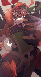 Rule 34 | armor, bindi, black eyes, chen gong (fate), chinese clothes, facial mark, fate/grand order, fate (series), forehead mark, fur collar, glasses, gloves, hat, headband, high heels, highres, laughing, long hair, lu bu (fate), no-kan, pointing, purple hair, size difference, white gloves