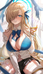 Rule 34 | 1girl, absurdres, alternate costume, asuna (blue archive), asymmetrical bangs, blue archive, blue bow, blue bowtie, blue eyes, bow, bowtie, bra, breasts, cleavage, detached collar, grin, hair over one eye, hair ribbon, halo, highres, lace, lace-trimmed bra, lace trim, large breasts, light brown hair, long bangs, long hair, long sleeves, looking at viewer, mole, mole on breast, partially unbuttoned, ribbon, skirt, smile, solo, sweat, tansuan (ensj3875), tape measure, thighhighs, thighs, underwear