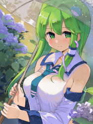 Rule 34 | 1girl, bare shoulders, blush, breasts, closed mouth, detached sleeves, flower, frog hair ornament, green eyes, green hair, hair between eyes, hair ornament, highres, holding, holding umbrella, japanese clothes, kochiya sanae, large breasts, long hair, nontraditional miko, purple flower, puuakachan, smile, snake hair ornament, solo, touhou, umbrella, upper body, white sleeves, wide sleeves
