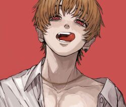 Rule 34 | 1boy, blush, clothes pull, collarbone, collared shirt, crazy eyes, ear piercing, fangs, gakudayo, head tilt, highres, jewelry, licking lips, looking at viewer, looking down, male focus, necklace, orange hair, original, parted lips, pectoral cleavage, pectorals, piercing, portrait, red background, red eyes, shirt, shirt pull, short hair, simple background, solo, teeth, tongue, tongue out, white shirt