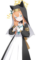 Rule 34 | 1girl, absurdres, aqua eyes, aqua neckerchief, black dress, blue archive, commentary request, dress, feet out of frame, flower, habit, hair flower, hair ornament, halo, highres, long hair, long sleeves, looking at viewer, mari (blue archive), neckerchief, notice lines, nun, okappa (bobbed001), open mouth, orange hair, own hands clasped, own hands together, simple background, solo, standing, white background, yellow halo