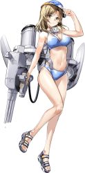 Rule 34 | 1girl, bikini, blue bikini, breasts, brown eyes, cleavage, full body, hat, houston (kancolle), kantai collection, large breasts, light brown hair, long hair, machinery, official art, swimsuit, transparent background, turret, zeco
