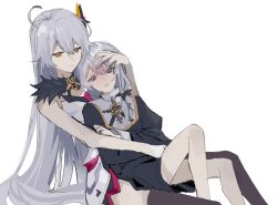 Rule 34 | 2girls, bare arms, bare shoulders, black dress, blue eyes, blush, brown eyes, brown thighhighs, commentary, crying, crying with eyes open, dress, feet out of frame, grey hair, hair between eyes, hand on another&#039;s face, honkai (series), honkai impact 3rd, juliet sleeves, kiana kaslana, kiana kaslana (herrscher of the void), long hair, long sleeves, multiple girls, nose blush, parted lips, puffy sleeves, saliva, simple background, sleeveless, sleeveless dress, tears, theresa apocalypse, thighhighs, utekikuore, very long hair, white background, white dress, yuri