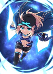 Rule 34 | 1girl, ahoge, artoria pendragon (fate), baseball cap, black footwear, black hat, black shorts, blonde hair, blue background, blue eyes, blue jacket, blue panties, blue theme, boots, closed mouth, cross (crossryou), fate/grand order, fate (series), full body, hat, jacket, jacket on shoulders, leaning forward, looking at viewer, mysterious heroine x (fate), mysterious heroine x (third ascension) (fate), navel, panties, ponytail, serious, short hair, shorts, solo, thigh boots, thighhighs, underwear