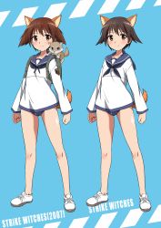 Rule 34 | 2girls, absurdres, animal ears, black legwear, black neckerchief, black sailor collar, blue background, brown eyes, brown hair, dog ears, dog tail, dress, dual persona, highres, looking at viewer, miyafuji yoshika, multiple girls, neckerchief, sailor collar, sailor shirt, school swimsuit, shirt, short hair, strike witches, swimsuit, swimsuit under clothes, tail, tricky 46, world witches series