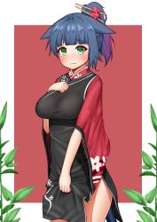 Rule 34 | 1girl, animal ears, arknights, black dress, blue hair, blush, breasts, cat ears, commentary, cowboy shot, deaver, dress, floral print, green eyes, hand on own chest, highres, jessica (arknights), large breasts, leaf, long sleeves, looking at viewer, official alternate costume, ponytail, short hair, short ponytail, solo, standing, wide sleeves