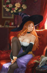 Rule 34 | 1girl, anson zheng, artist name, bare shoulders, black pantyhose, blush, breasts, bridal gauntlets, choker, cleavage, closed mouth, collarbone, commentary, couch, dragon&#039;s crown, dress, earrings, fingernails, flower, hat, highres, indoors, jewelry, knee up, large breasts, lips, long hair, looking away, orange hair, pantyhose, purple eyes, signature, simple background, sitting, skirt, smile, solo, sorceress (dragon&#039;s crown), strapless, strapless dress, striped, vanillaware, vertical stripes, witch hat