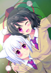 Rule 34 | 2girls, ;d, alternate costume, animal ears, black hair, blurry, blurry background, blush, breasts, cardigan, closed mouth, collared shirt, commentary request, dutch angle, eyelashes, hand on another&#039;s shoulder, highres, inubashiri momiji, jpeg artifacts, looking at viewer, matching outfits, medium breasts, multiple girls, necktie, one eye closed, open mouth, parted lips, pom pom (clothes), purple eyes, purple neckwear, reaching, reaching towards viewer, school uniform, selfie, shameimaru aya, shirt, short hair, small breasts, smile, swami, swept bangs, touhou, upper body, white hair, white shirt, wolf ears